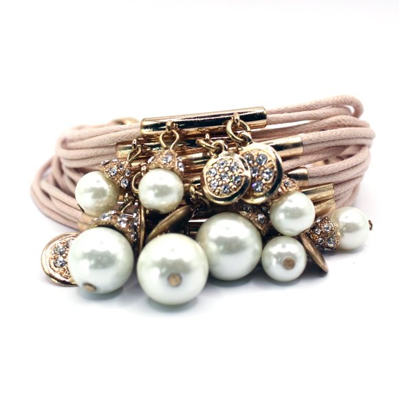 Faux Leather Bracelet Jewelry - Multi Strand Bracelet Pearl Gold Ball Rhinestones